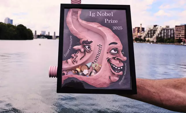 An 2025 Ig Nobel award, one of many that will be awarded by the Annals of Improbable Research magazine for silly sounding scientific discoveries that often have surprisingly practical applications, is displayed, Wednesday, Sept. 17, 2025, in Boston. (AP Photo/Charles Krupa)