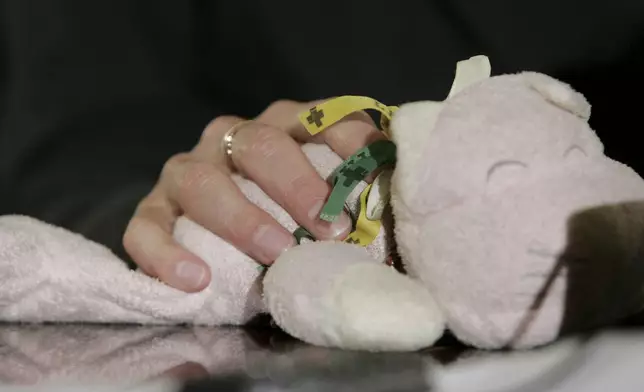 FILE -Kate McCann, mother of missing 4-year-old Madeleine, touches her daughter's cuddle cat toy during a press conference at the residency of the British Ambassador to the Holy See, in Rome, after meeting Pope Benedict XVI earlier during his weekly general audience at the Vatican, May 30, 2007. (AP Photo/Pier Paolo Cito, File)