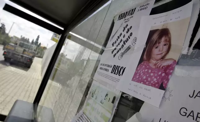 FILE -A photo of 3-year-old British girl Madeleine McCann is pasted on a board at a bus stop near the resort from where she went missing, May 4, 2007, in Praia da Luz, southern Portugal, where she was on vacation with her family. (AP Photo/Armando Franca, File)