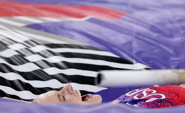 United States' Katie Moon reacts after an attempt in the women's pole vault final at the World Athletics Championships in Tokyo, Wednesday, Sept. 17, 2025. (AP Photo/Matthias Schrader)