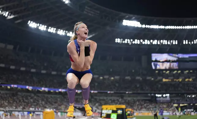 United States' Sandi Morris reacts after an attempt in the women's pole vault final at the World Athletics Championships in Tokyo, Wednesday, Sept. 17, 2025. (AP Photo/Matthias Schrader)