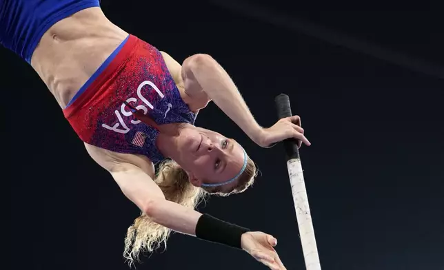 United States' Sandi Morris makes an attempt in the women's pole vault final at the World Athletics Championships in Tokyo, Wednesday, Sept. 17, 2025. (AP Photo/Matthias Schrader)