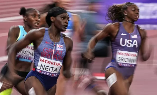 Britain's Daryll Neita and United States' Brittany Brown compete in a women's 200 meters heat at the World Athletics Championships in Tokyo, Wednesday, Sept. 17, 2025. (AP Photo/Hiro Komae)