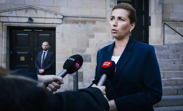 Danish Prime Minister Mette Frederiksen holds a doorstep and comments on drone activity Monday evening at Copenhagen Airport, in Copenhagen, Tuesday, Sept. 23, 2025. (Emil Nicolai Helms/Ritzau Scanpix via AP)