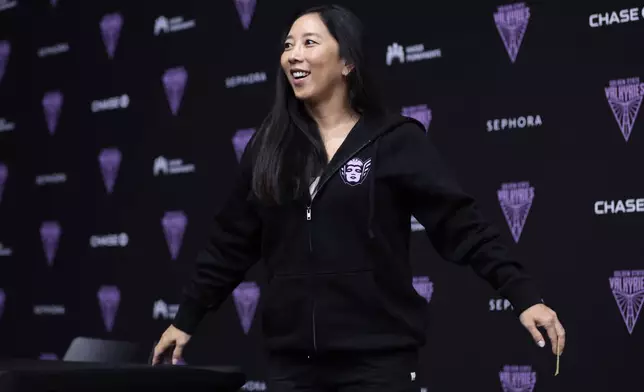 Golden State Valkyries' head coach Natalie Nakase finishes her press conference in Oakland, Calif., on Tuesday, Sept. 23, 2025. (Scott Strazzante/San Francisco Chronicle via AP)