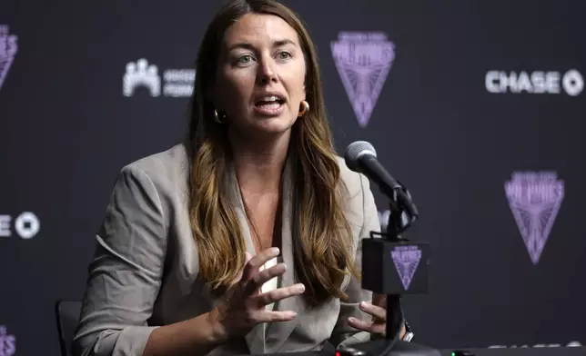 Golden State Valkyries' president Jess Smith speaks during press conference in Oakland, Calif., on Tuesday, Sept. 23, 2025. (Scott Strazzante/San Francisco Chronicle via AP)