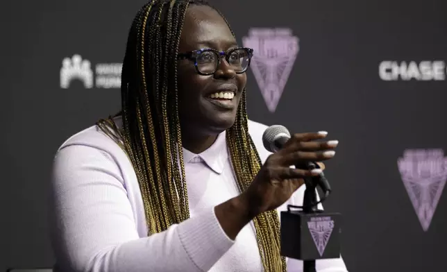 Golden State Valkyries' general manager Ohemaa Nyanin speaks during press conference in Oakland, Calif., on Tuesday, Sept. 23, 2025. (Scott Strazzante/San Francisco Chronicle via AP)