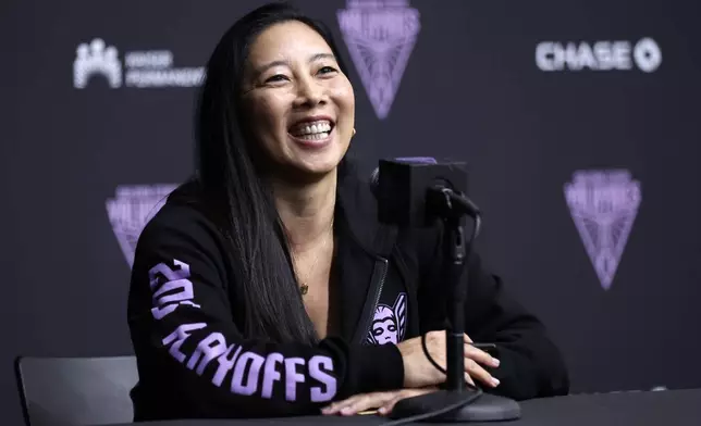 Golden State Valkyries' head coach Natalie Nakase speaks during press conference in Oakland, Calif., on Tuesday, Sept. 23, 2025. (Scott Strazzante/San Francisco Chronicle via AP)