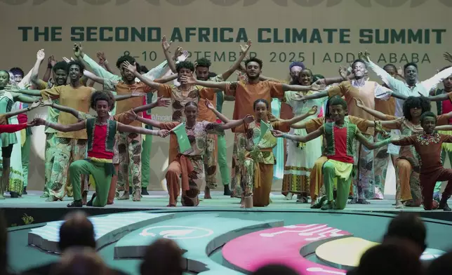 Dancers perform during the opening of the High-Level Leaders Summit at the Second Africa Climate Summit (ACS2) at the Addis International Convention Center (AICC) in Addis Ababa, Ethiopia, Monday, Sept. 8, 2025. (AP Photo/Brian Inganga)