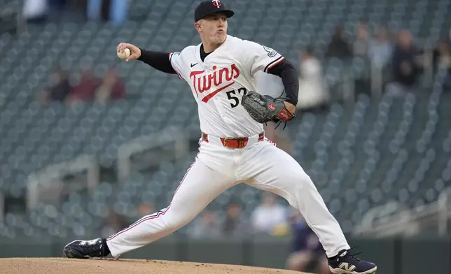 Minnesota Twins starting pitcher Zebby Matthews (52) delivers during the first inning of a baseball game against the Chicago White Sox Wednesday, Sept. 3, 2025, in Minneapolis. (AP Photo/Abbie Parr)
