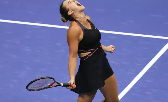 Aryna Sabalenka, of Belarus, reacts after defeating Jessica Pegula, of the United States, during the women's singles semifinals of the U.S. Open tennis championships, Thursday, Sept. 4, 2025, in New York. (AP Photo/Yuki Iwamura)