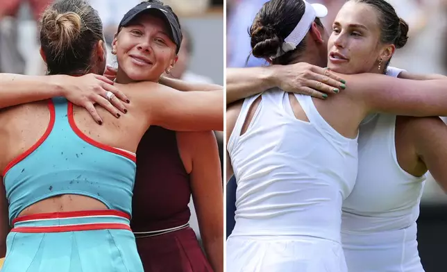 FILE - This combo of file photos shows, left image, United States' Amanda Anisimova, facing camera, embracing Belarus' Aryna Sabalenka after losing at the the French Open tennis tournament on June 1 2025, in Paris; and right image, Sabalenka, facing camera, embracing Anisimova after losing in a semifinal match at the Wimbledon Tennis Championships on July 10, 2025, in London. (AP Photo/Lindsey Wasson, left, and Kin Cheung)