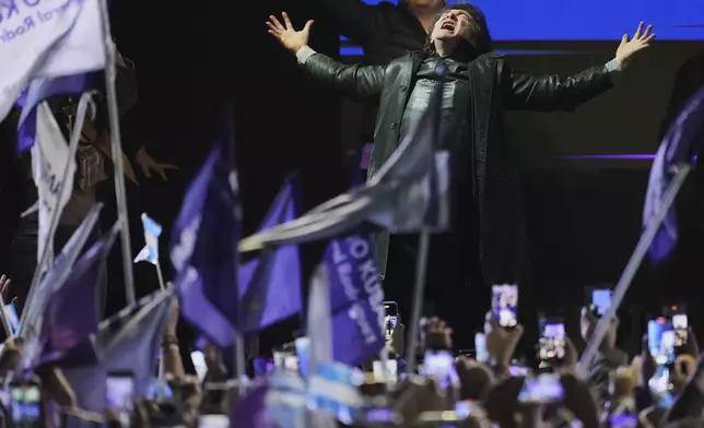 President Javier Milei leads a campaign rally ahead of legislative provincial elections, in Moreno, Buenos Aires province, Argentina, Wednesday, Sept. 3, 2025. (AP Photo/Natacha Pisarenko)