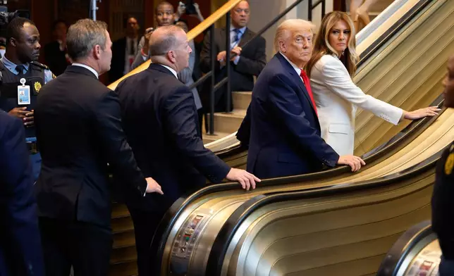 President Donald Trump and First Lady Melania Trump arrive for the 80th session of the United Nations General Assembly, Tuesday, Sept. 23, 2025, at U.N. headquarters. (AP Photo/Stefan Jeremiah)