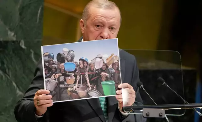 Turkey President Recep Tayyip Erdogan addresses the 80th session of the United Nations General Assembly, Tuesday, Sept. 23, 2025, at U.N. headquarters. (AP Photo/Angelina Katsanis)