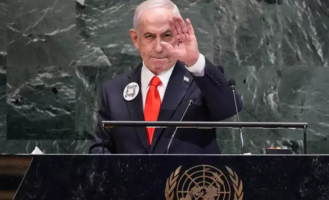 Israel Prime Minister Benjamin Netanyahu finishes his address to the 80th session of the United Nations General Assembly, Friday, Sept. 26, 2025. (AP Photo/Richard Drew)