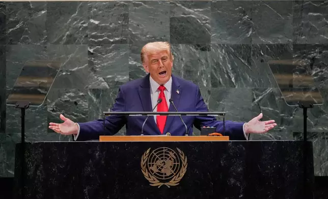 U.S. President Donald Trump addresses the 80th session of the United Nations General Assembly, Tuesday, Sept. 23, 2025. (AP Photo/Richard Drew)