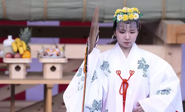 Shinto's "miko" dancer performs after sacred timbers were pulled through streets in a local celebratory procession in Agematsu, central Japan, Wednesday, June 4, 2025, as part of Shikinen Sengu, a ritual to rebuild the main structures of Ise Jingu for transfering its enshrined deities. (AP Photo/Hiro Komae)