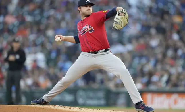 Atlanta Braves starting pitcher Bryce Elder throws during the first inning of a baseball game against the Detroit Tigers, Friday, Sept. 19, 2025, in Detroit. (AP Photo/Ryan Sun)