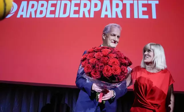 Party leader Jonas Gahr Støre at the Labour Party's election vigil at the People's House during the 2025 general election, in Oslo, Norway, Monday, Sept. 8, 2025. (Javad Parsa/NTB Scanpix via AP)