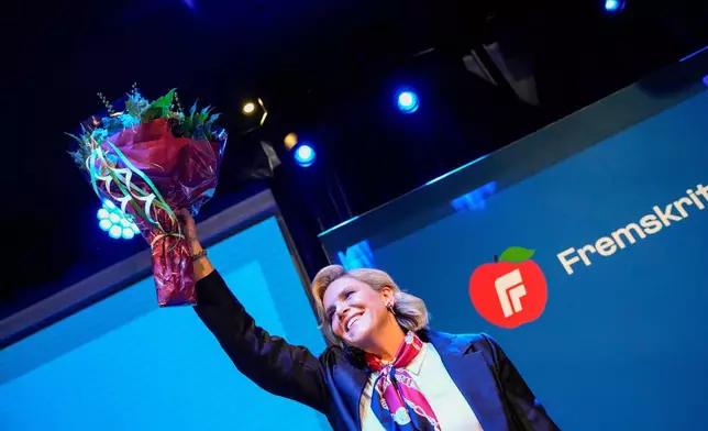 Sylvi Listhaug at The Progress Party's election vigil at Hotel Bristol during the 2025 general election in Oslo, Norway, Monday, Sept. 2025. (Cornelius Poppe/NTB Scanpix via AP)