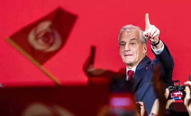 Party leader Jonas Gahr Støre speaks during the Labour Party's election vigil at the People's House during the 2025 general election, in Oslo, Norway, Monday, Sept. 8, 2025. (Ole Berg-Rusten/NTB Scanpix via AP)