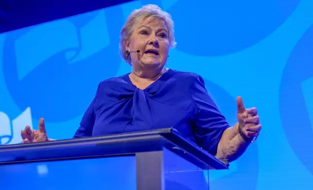 Party leader Erna Solberg speaks during the Conservative Party's election vigil at the Radisson Blu Scandinavia Hotel during the 2025 general election, in Oslo, Norway, Monday, Sept. 8, 2025. (Heiko Junge/NTB Scanpix via AP)