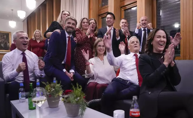 The Labour Party's election vigil at the People's House during the 2025 general election in Oslo, Norway, Monday, Sept. 8, 2025. (Javad Parsa/NTB Scanpix via AP)