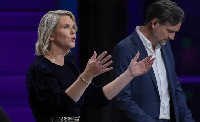Sylvi Listhaug chairwoman of Norway's Frp party, left, and Dag-Inge Ulstein, right, chairman of Norway's KrF party during a tv debate in Oslo, Norway, Tuesday, Sept. 2, 2025. (Stian Lysberg Solum/NTB Scanpix via AP)