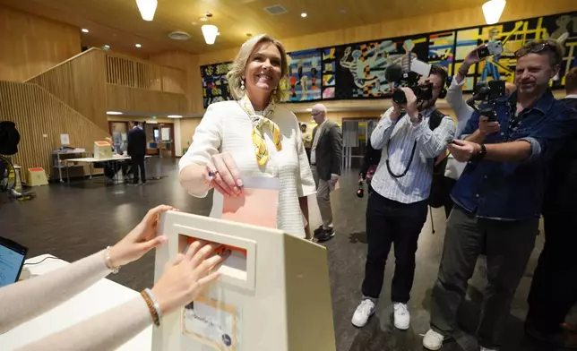 Progress Party (Frp) leader Sylvi Listhaug casts her vote at Norway’s Parliamentary elections in Oslo, Norway, Monday, Sept. 8, 2025. (Lise Aserud/NTB Scanpix via AP)