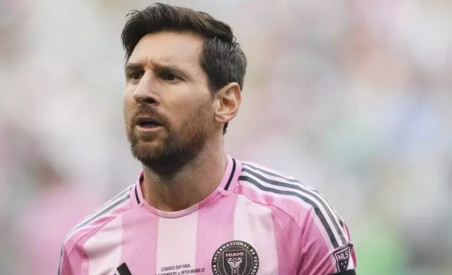 Inter Miami forward Lionel Messi looks on during the first half of a Leagues Cup final soccer match against the Seattle Sounders, Sunday, Aug. 31, 2025, in Seattle. (AP Photo/Lindsey Wasson)