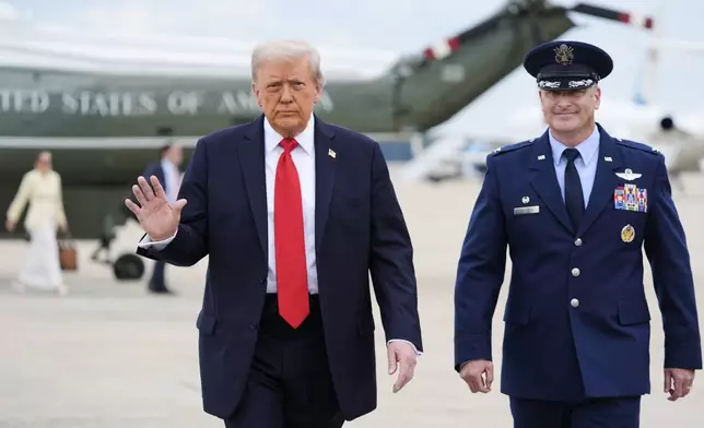 President Donald Trump arrives at Joint Base Andrews, Md., to board Air Force One, Sunday, Sept. 7, 2025. (AP Photo/Manuel Balce Ceneta)