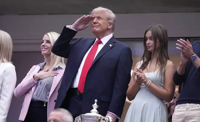 President Donald Trump attends the men's singles final of the U.S. Open tennis championships, Sunday, Sept. 7, 2025, in New York. (AP Photo/Frank Franklin)