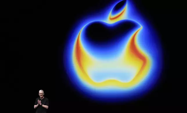 Apple CEO Tim Cook speaks on stage during an announcement of new products at Apple Park on Tuesday, Sept. 9, 2025, in Cupertino, Calif. (AP Photo/Godofredo A. Vásquez)