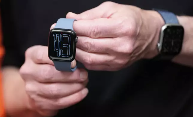 An Apple Watch is displayed during an announcement of new products at Apple Park on Tuesday, Sept. 9, 2025, in Cupertino, Calif. (AP Photo/Godofredo A. Vásquez)