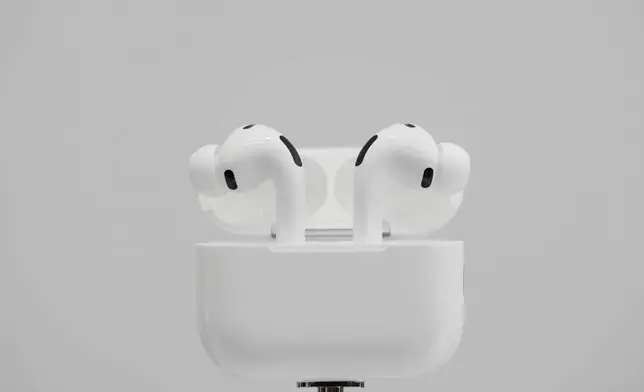 The AirPods Pro 3 are displayed during an announcement of new products at Apple Park on Tuesday, Sept. 9, 2025, in Cupertino, Calif. (AP Photo/Godofredo A. Vásquez)