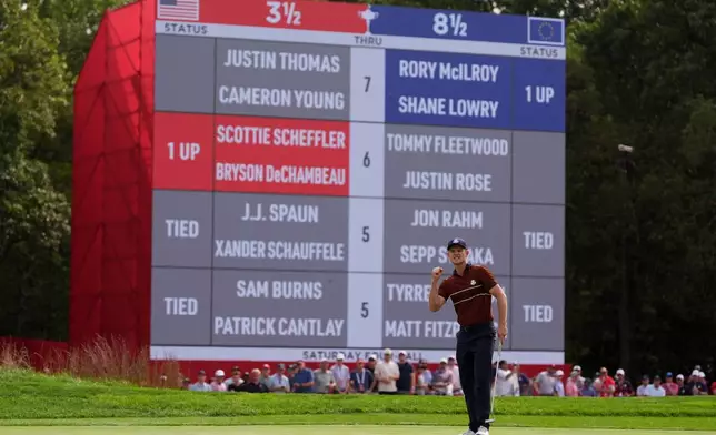 Europe's Justin Rose celebrates after a putt on the seventh hole at Bethpage Black golf course during the Ryder Cup golf tournament, Saturday, Sept. 27, 2025, in Farmingdale, N.Y. (AP Photo/Lindsey Wasson)