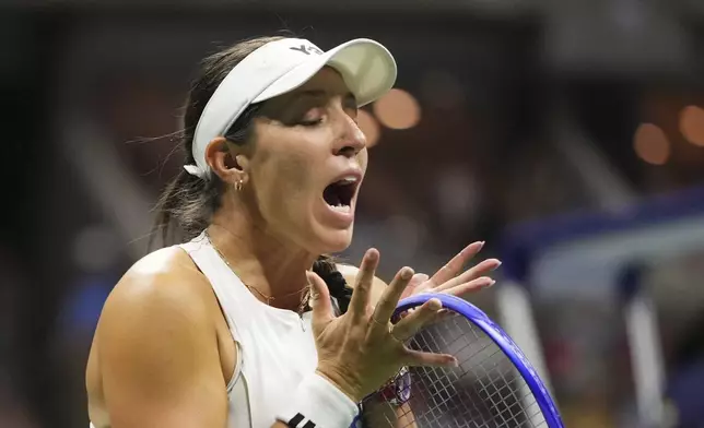 Jessica Pegula, of the United States, reacts against Aryna Sabalenka, of Belarus, during the women's singles semifinals of the U.S. Open tennis championships, Thursday, Sept. 4, 2025, in New York. (AP Photo/Kirsty Wigglesworth)