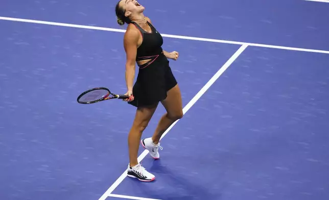 Aryna Sabalenka, of Belarus, reacts after defeating Jessica Pegula, of the United States, during the women's singles semifinals of the U.S. Open tennis championships, Thursday, Sept. 4, 2025, in New York. (AP Photo/Yuki Iwamura)