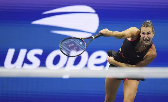 Aryna Sabalenka, of Belarus, serves to Jessica Pegula, of the United States, during the women's singles semifinals of the U.S. Open tennis championships, Thursday, Sept. 4, 2025, in New York. (AP Photo/Kirsty Wigglesworth)