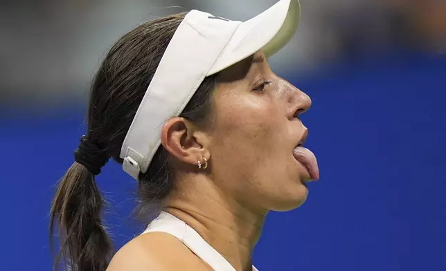 Jessica Pegula, of the United States, reacts after losing a point to Aryna Sabalenka, of Belarus, during the women's singles semifinals of the U.S. Open tennis championships, Thursday, Sept. 4, 2025, in New York. (AP Photo/Seth Wenig)
