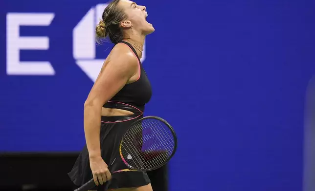 Aryna Sabalenka, of Belarus, reacts after winning a point Jessica Pegula, of the United States, during the women's singles semifinals of the U.S. Open tennis championships, Thursday, Sept. 4, 2025, in New York. (AP Photo/Seth Wenig)