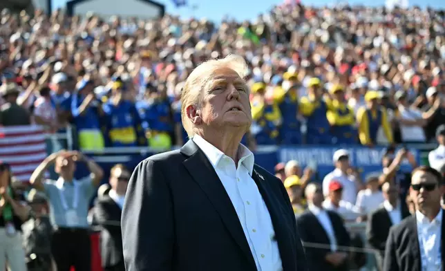 President Donald Trump attends the Ryder Cup golf tournament at Bethpage Black Golf Course in Farmingdale, N.Y., Friday, Sept. 26, 2025. (Mandel Ngan/Pool Photo via AP)