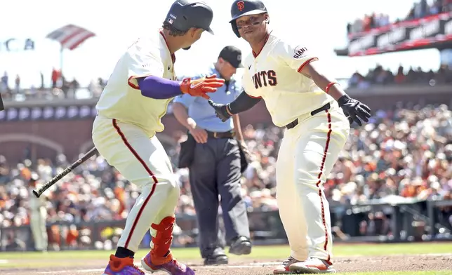 San Francisco Giants' Rafael Devers and Willy Adames celebrate Devers' home run during the first inning of a baseball game against the Baltimore Orioles at Oracle Park in San Francisco on Sunday, Aug. 31, 2025. (Scott Strazzante/San Francisco Chronicle via AP)