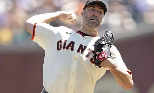 San Francisco Giants' Justin Verlander pitches during the first inning of a baseball game against the Baltimore Orioles at Oracle Park in San Francisco on Sunday, Aug. 31, 2025. (Scott Strazzante/San Francisco Chronicle via AP)