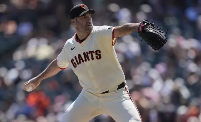 San Francisco Giants pitcher Justin Verlander throws against the Baltimore Orioles during the first inning of a baseball game in San Francisco, Sunday, Aug. 31, 2025. (AP Photo/Jeff Chiu)