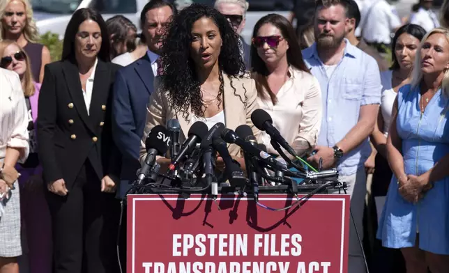 Lisa Phillips speaks during a news conference at the U.S. Capitol, Wednesday, Sept. 3, 2025, in Washington. (AP Photo/Jose Luis Magana)
