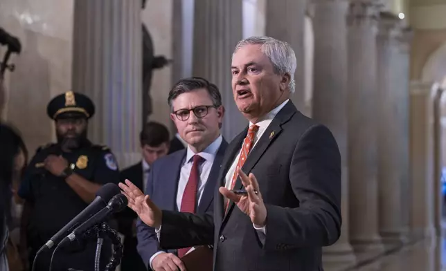 Speaker of the House Mike Johnson, R-La., center left, and House Oversight Committee Chairman James Comer, R-Ky., talk to reporters after a closed-door meeting with victims in the Jeffrey Epstein sex trafficking case investigation, at the Capitol in Washington, Tuesday, Sept. 2, 2025. (AP Photo/J. Scott Applewhite)