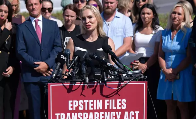 Anouska de Georgiou speaks during a news conference at the U.S. Capitol, Wednesday, Sept. 3, 2025, in Washington. (AP Photo/Jose Luis Magana)