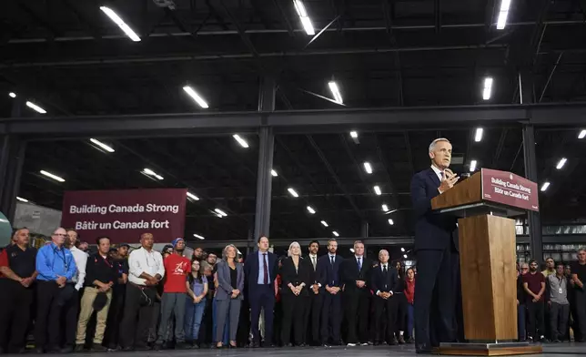 Prime Minister Mark Carney speaks at a press conference in Mississauga, Ont., on Friday, Sept. 5, 2025. (Sammy Kogan /The Canadian Press via AP)